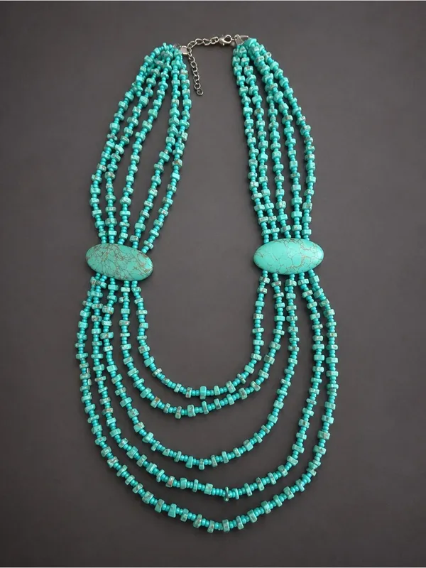 Southwestern Faux Turquoise Multi Strand Square and Seed Beads Oval Howlite - Image 3