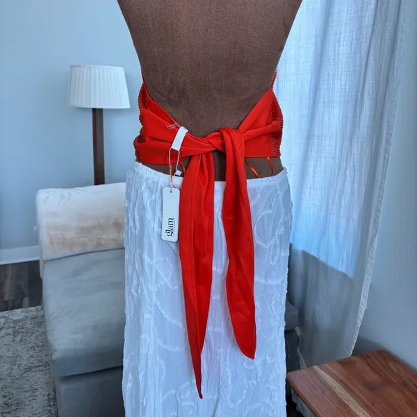 NWT Rhinestone Halter Top L Orange Scarf Bow Back Festival McBling Y2K Clubwear - Image 9
