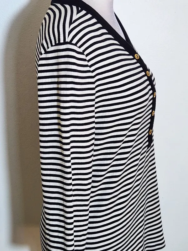 Lauren Ralph Lauren Womens Black and White Ribbed Knit Henley Size Large - Image 3