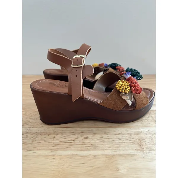 Fabio maggenti brown heel wedge leather flower accent Sz 7 boho floral See De - Image 5