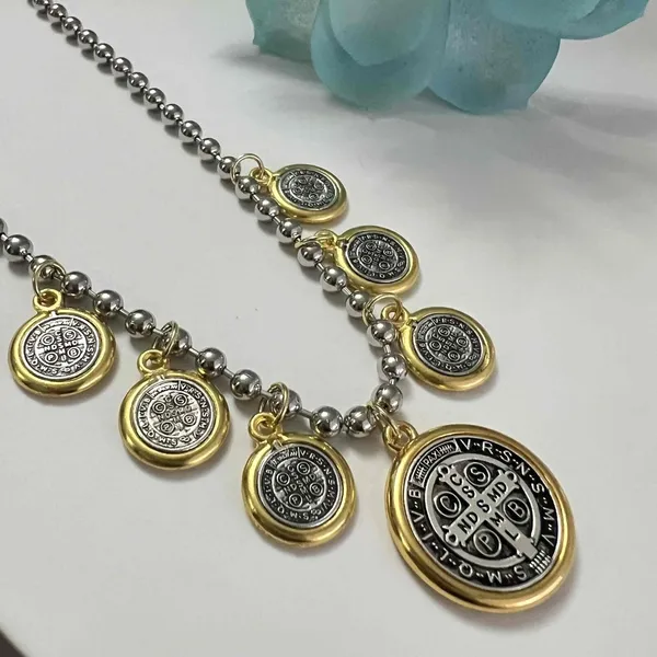 Anthropologie Gold Silver Plated Dangling Coins Necklace Beaded Chain stainless steel jewelry - Image 10