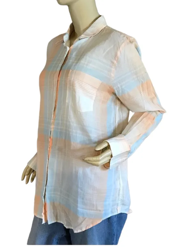 J. Crew "The Perfect Shirt" Peach & Blue Cotton Plaid Button Down (M) - Image 4