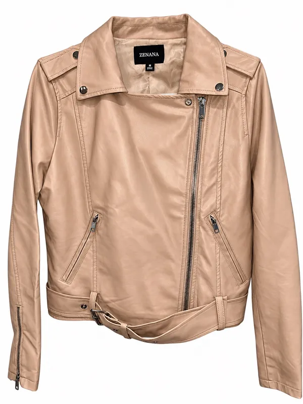 Zenana Beige Blush Vegan Faux Leather Belted Moto Jacket M - Image 3