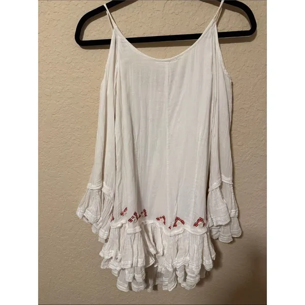 Free People White Cotton Asymmetrical Dress with Red Embroidery - Image 4