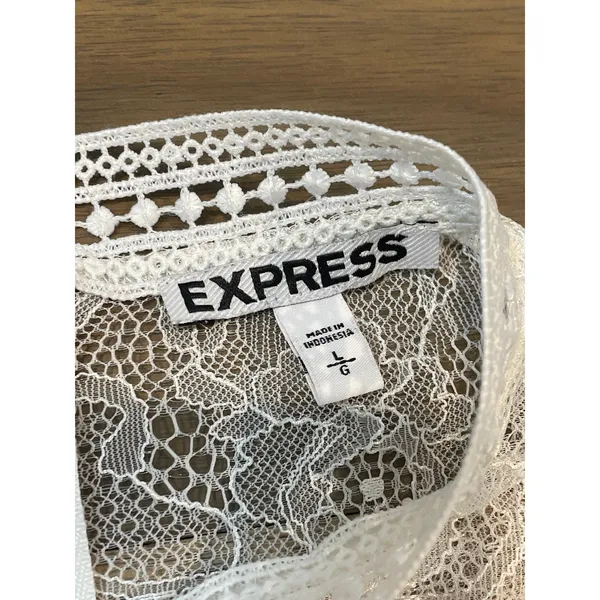 Express Dress Cream Lace Mock Neck Ruffle Feminine Size L - Image 3