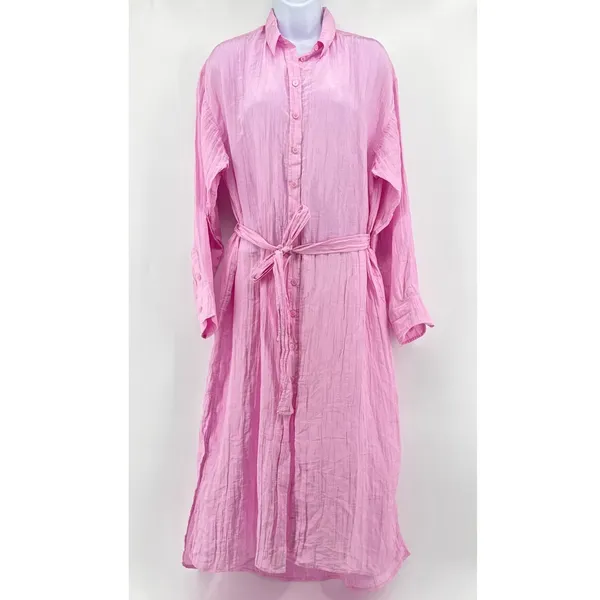 J.Crew Crinkle Belted Button-Up Maxi‎ Shirt Dress S Pink Long Sleeve Side Slit - Image 2