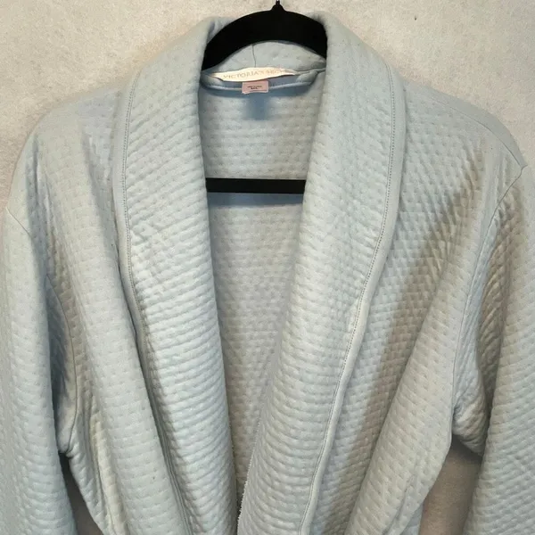 VICTORIA'S SECRET Robe Women’s Large Light Blue Cotton Blend Belted Waffle‎ Knit - Image 2