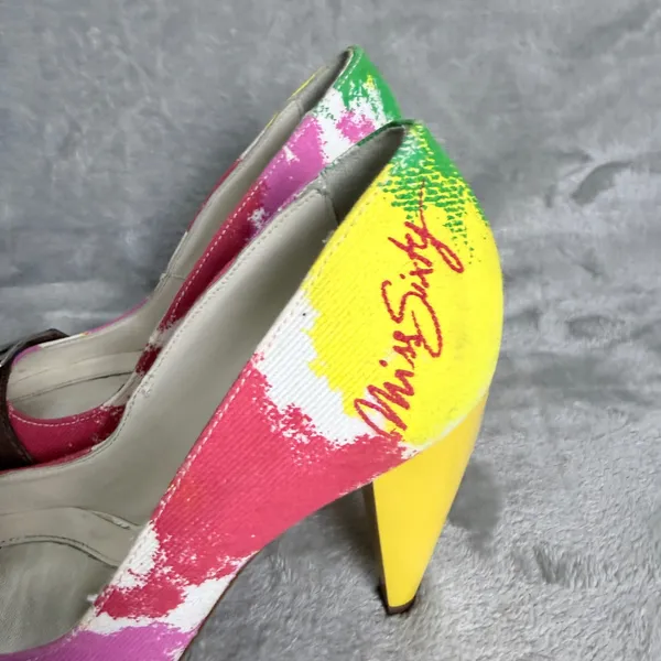 Miss Sixty Heels Y2K Artsy Italian Canvas Buckle Pointed Toe Size 7.5 Multicolor - Image 7