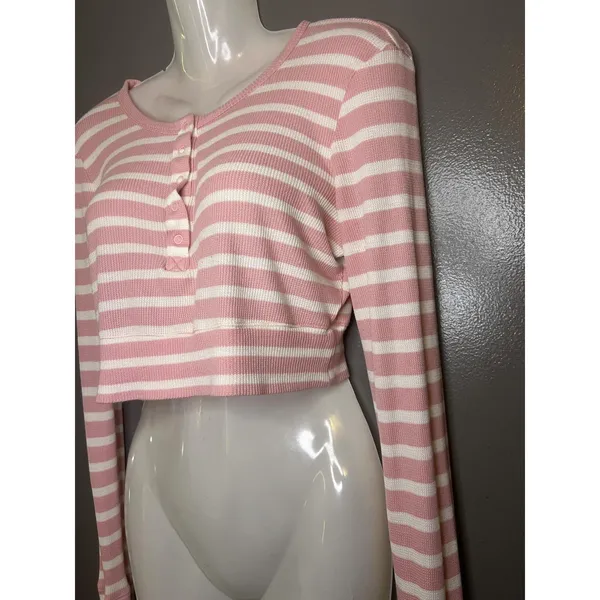 OFFLINE By Aerie Shirt Womens Medium Pink Stripe Henley Cropped Long Sleeve - Image 5