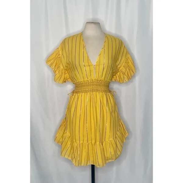 SAYLOR Yellow Metallic Striped Dress Fluttery Smocked Mini Gold Party Medium - Image 2