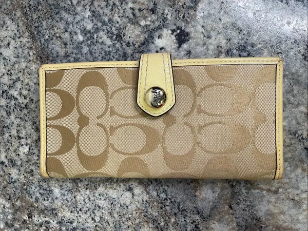Coach Signature C Tan Clutch Wallet with Yellow Trim - Image 2