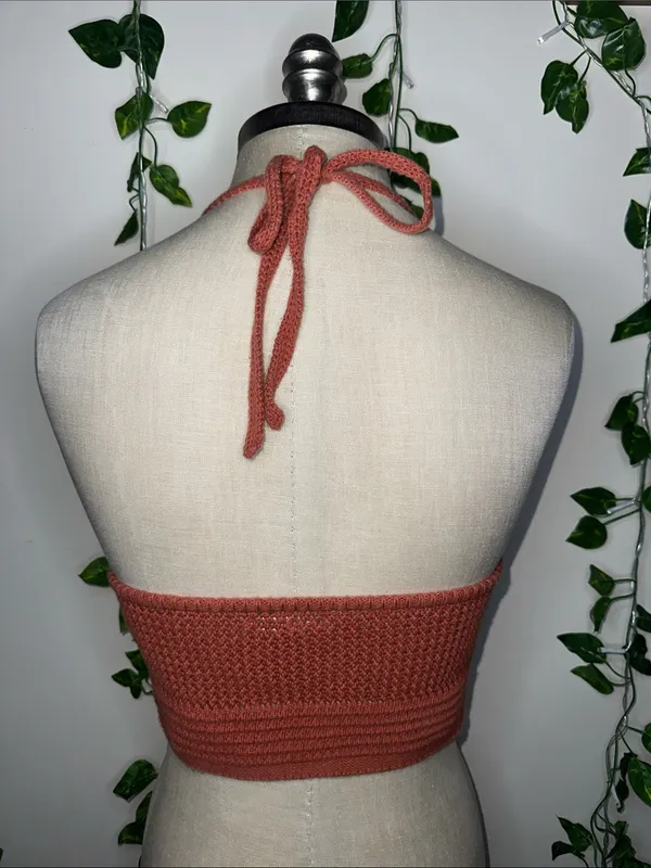 Aerie Burnt Orange Crochet Halter Top Backless Tie Neck - Image 2