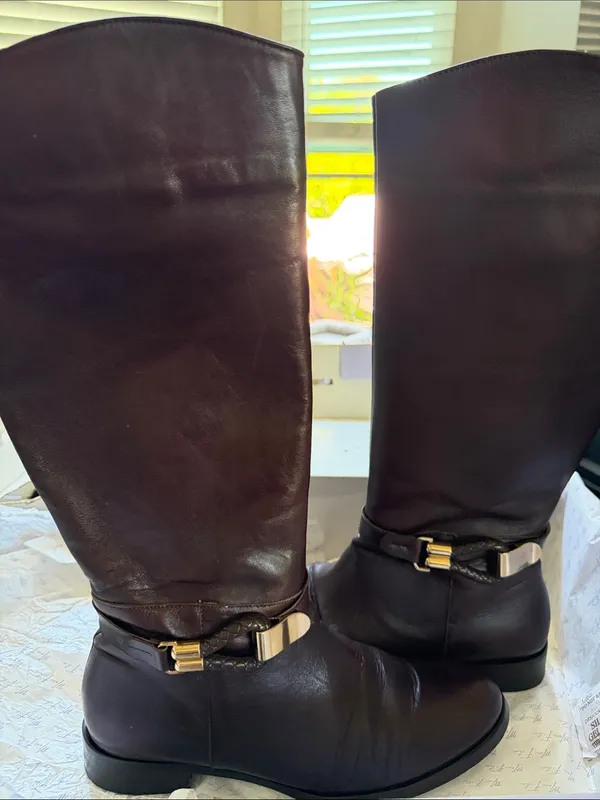 Tall Dark Brown genuine Mexican Leather Riding Boots with Gold Buckle - Image 2