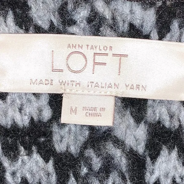 LOFT Wool Blend Fringe Cardigan Black White Open‎ Front Poncho Style Sweater Med - Image 6