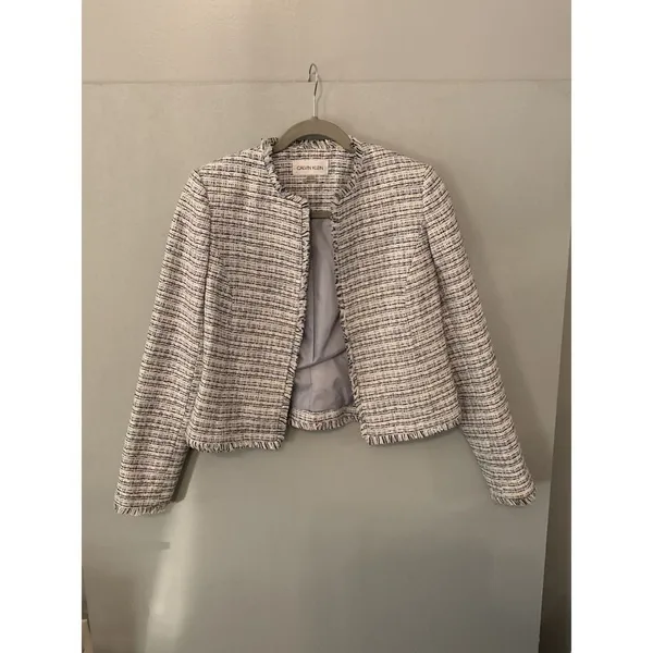 Calvin Klein Tweed Fringe Collarless Blazer Jacket Boucle Career M - Image 4