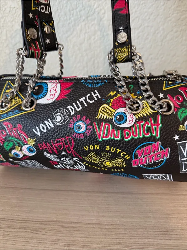 Von Dutch Black Graphic Barrel Crossbody Bag with Multicolor Patches - Image 6