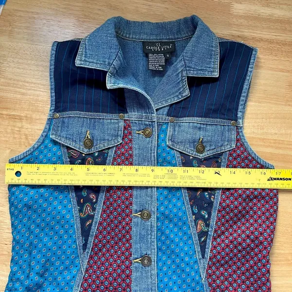Carole Little Vintage 90s Denim Tapestry Patchwork Button Up Vest Top S - Image 6