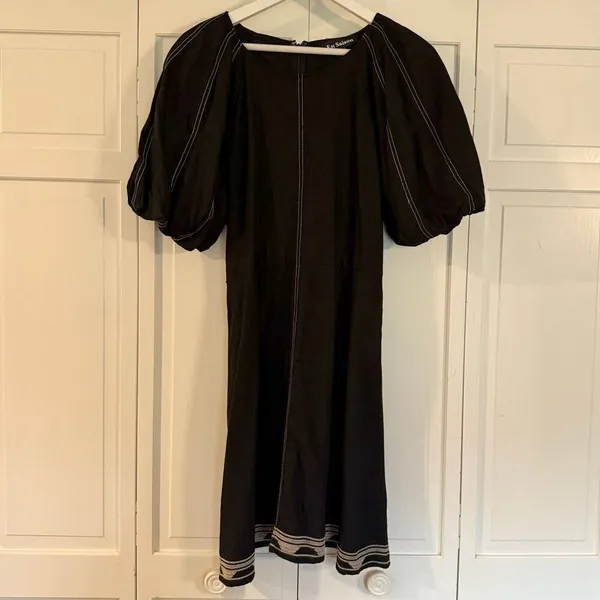Anthropologie En Saison black embroidered puff sleeve exposed stitching dress large - Image 3