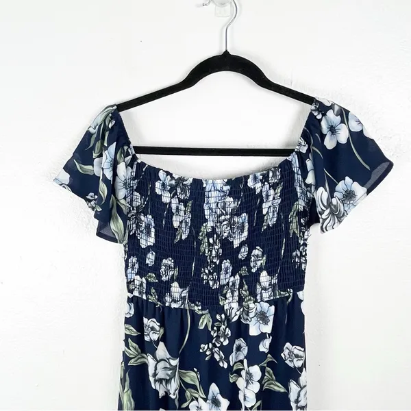 ALTAR’D STATE Blue Floral Smocked Bodice On/Off Shoulders Side Split Dress Small - Image 7