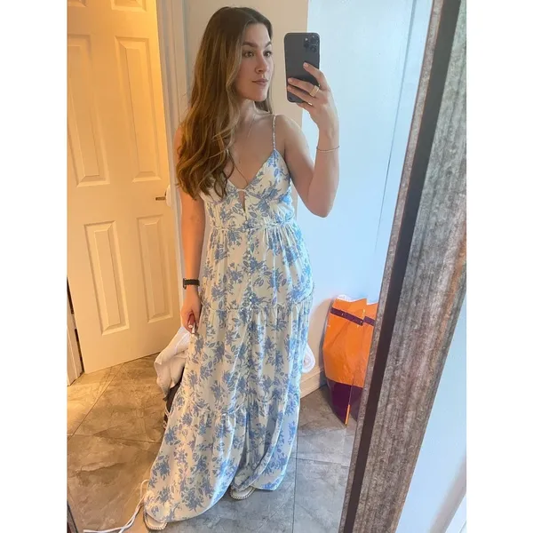 LoveShackFancy Women's White Blue Floral Garnita Floral Tiered Maxi Dress Size 0 - Image 16