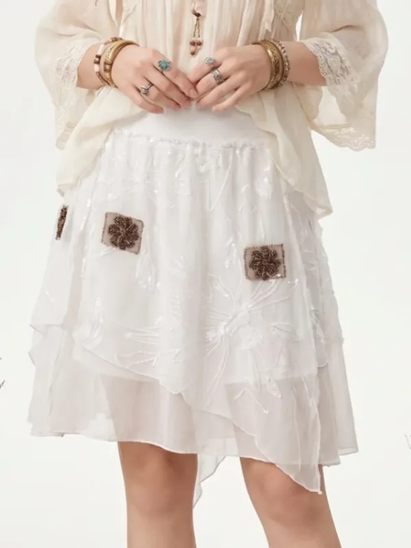Banana USA Asymmetrical White Sheer Beaded Sequin floral Skirt Boho Fairy core - Image 4