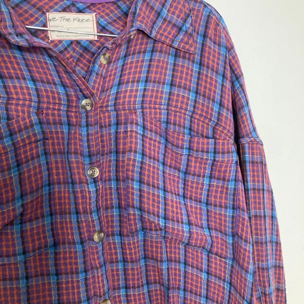 New Free People Oversized Bohemian Grunge Cardiff Plaid Swing Top Shirt Small - Image 3