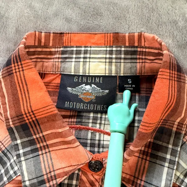 Harley Davidson Plaid Short Slv Snap Button Shirt S Orange Black Biker Western - Image 4