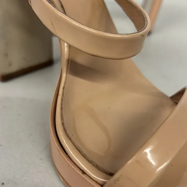 Jeffrey Campbell sz6.5 tan open toed square toe nude patent hustler high heels - Image 7