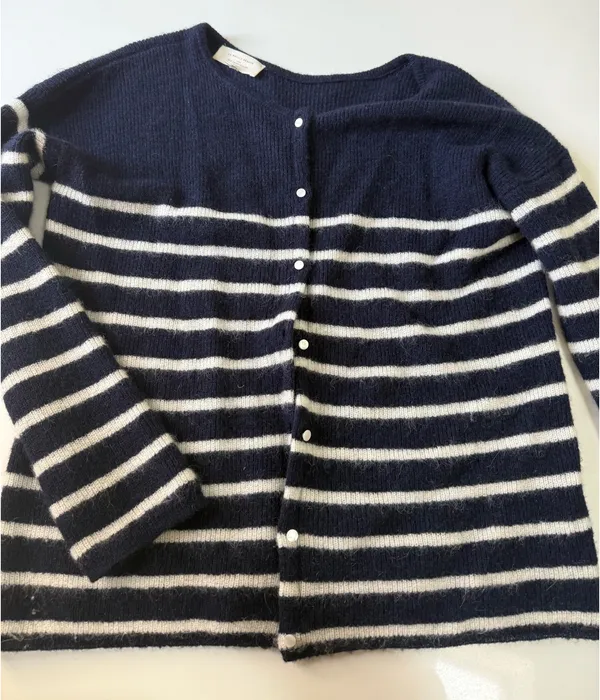 Sézane Navy and White Striped Mohair Blend Cardigan - Image 4