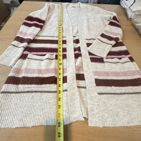 Retrology Open Cardigan M Long Colorful Gold Tan Pink Cozy Fall Knit Boho City - Image 10