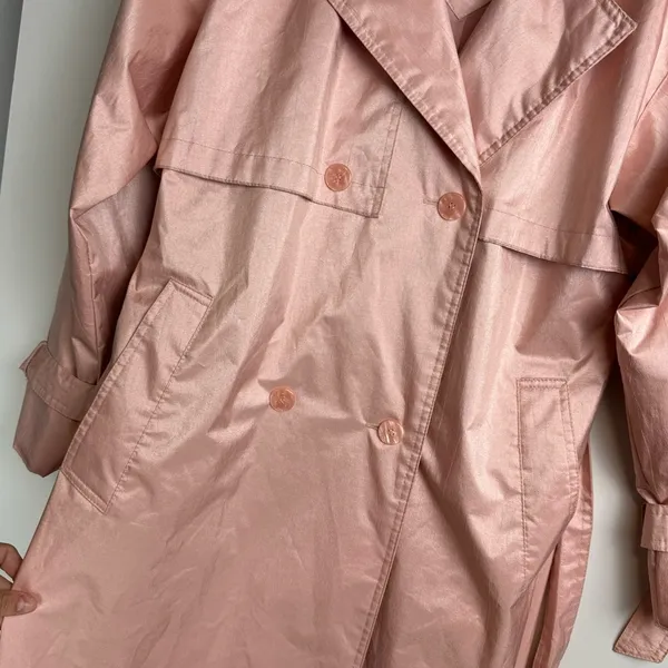 Vtg Saxton Hall Blush Pink Shimmer Trench Coat Jacket Sz 10 Belted Waist - Image 8