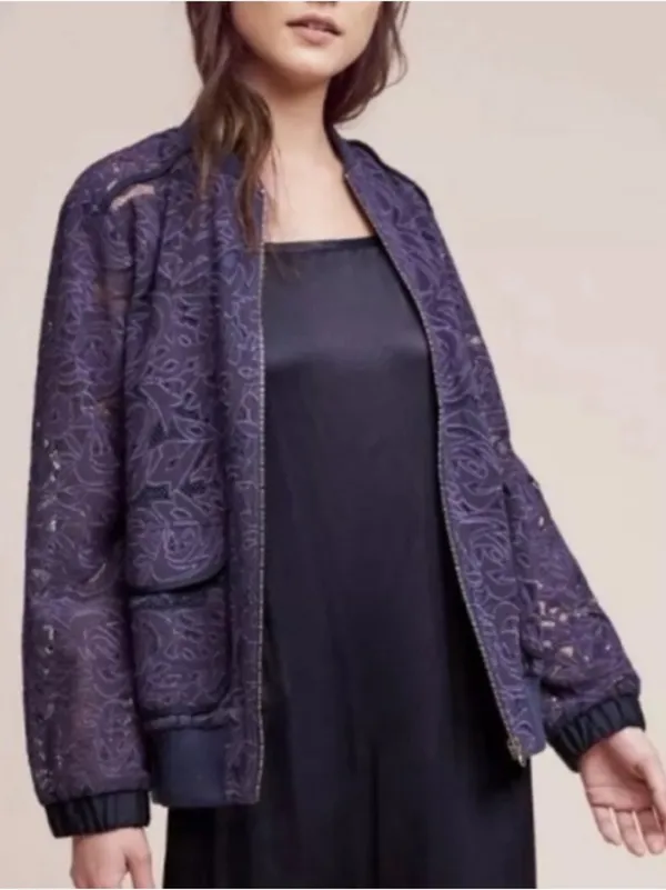 Anthropologie EUC Elevenses Miranda Lace Bomber Jacket Purple Oversized Small - Image 2