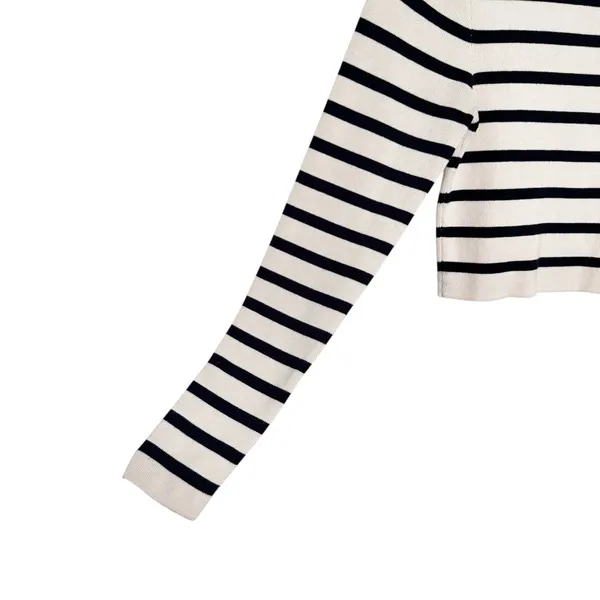 Zara Black And Ivory Striped Crop Knit Top Sz M - Image 5