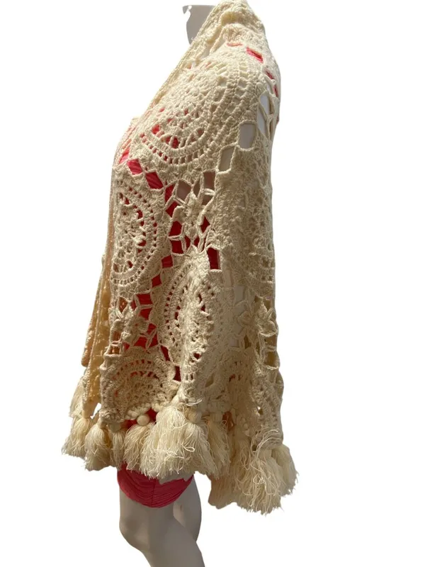 Free People wms cream beige crochet bohemian cardigan cover shawl OS SKU 10-792 - Image 3