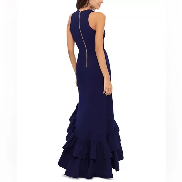 NWT Betsy & Adam Arielle Blue Size 2 Ruffle Hem Halter Gown Dress - Image 4