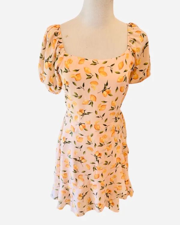 Altar’d State Chiffon Lemon Print Mini Dress Peach Pink S Lightweight - Image 2