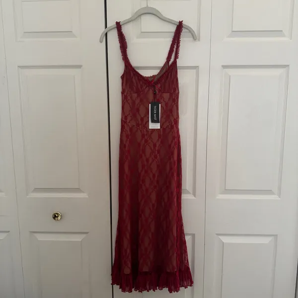 Tiger Mist Red lace ruffle midi Deja Dress NWT - Image 3