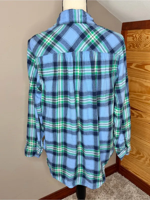 Aerie Plaid Flannel Long Sleeve Button Up Shirt Blue Green Small S Colorful - Image 2