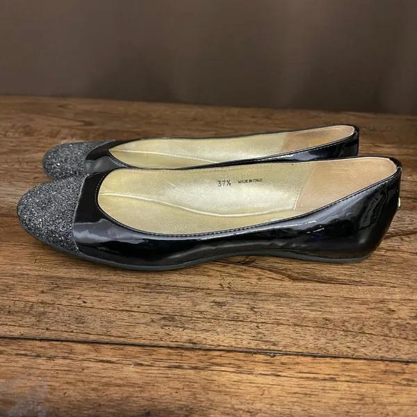 Jimmy Choo Black Patent Leather Silver Glitter Toe Ballet Flat Size 37.5 - Image 8
