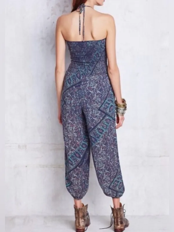 Free People Paisley Smocked Jumper M Boho Chic Balloon Leg Whimsigoth Jumpsuit - Image 3