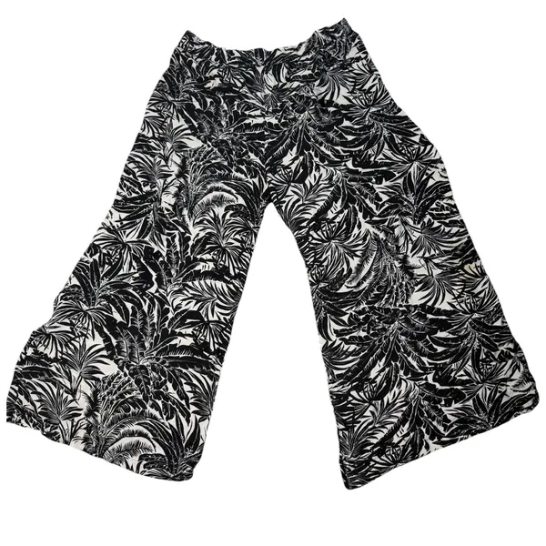 Womens M Black White Tropical Print Wide Leg Palazzo Pants Pull On Beach Resort - Image 10