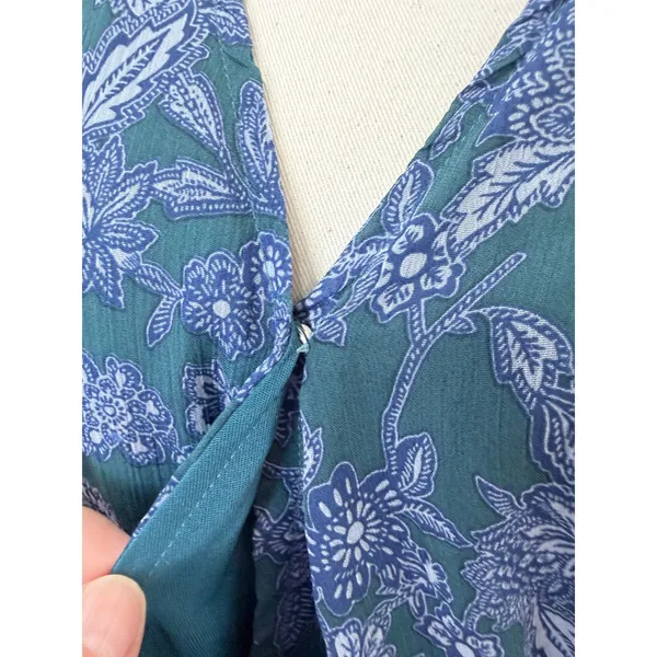 Voy Teal Blue Floral‎ Midi Dress Smocked Waist Flutter Sleeve L Cottagecore - Image 6