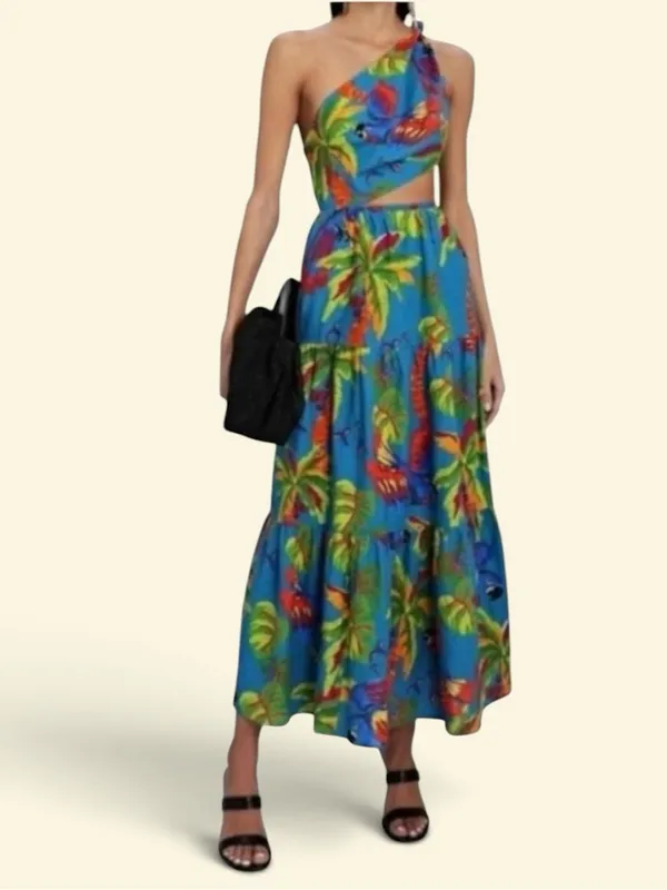 FARM RIO Blue Sunny Day One Shoulder Tropical Print Maxi Dress Sz:Medium - Image 2