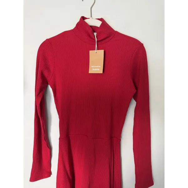 Reformation Jeans Maya Cherry Red Ribbed Turtleneck Mini Dress Long Sleeves XS - Image 4