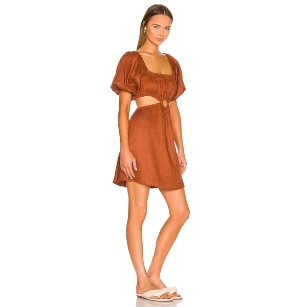 Revolve FAITHFULL THE BRAND Almero Linen Dress Brown Plain Spice Party X-Small - Image 4