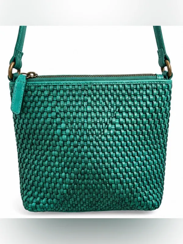 Vilenca Holland Teal Woven Leather Crossbody Bag Boho Turquoise Purse - Image 2