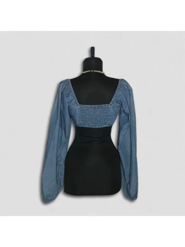 Forever 21 Chambray Blue Cropped Long Sleeve Top Small - Image 3