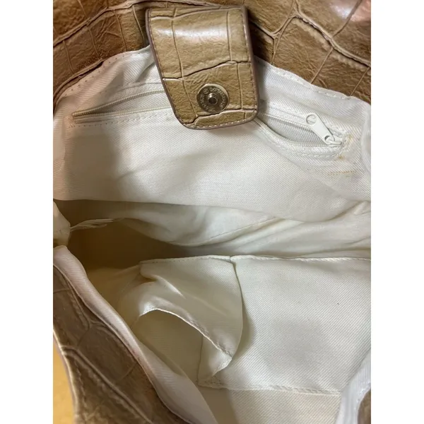 Avon 2006 Faux Bamboo Handle Canvas Satchel Handbag Beige Croc Embossed Purse - Image 15
