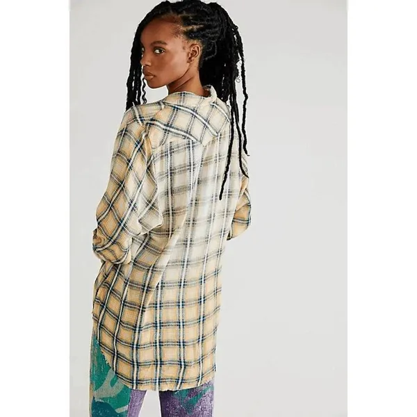 Free People One Yellow Plaid Faded Dyed Boho Button Down Top Small NWOT - Image 9