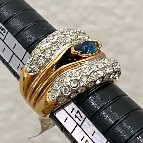 Vintage Blue Sapphire Rhinestone Gold-plated Statement Ring Size 6 - Image 8